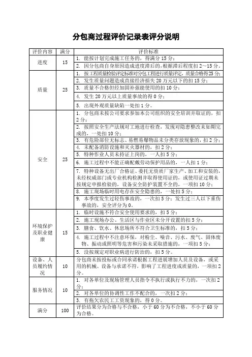分包商过程评价记录表评分说明