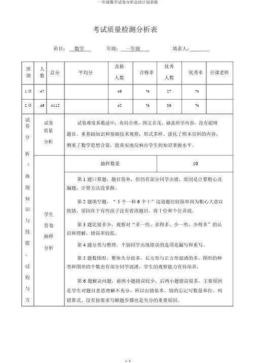 一年级数学试卷解析总结计划表格