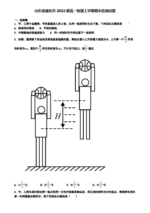 山东省潍坊市2022届高一物理上学期期末检测试题