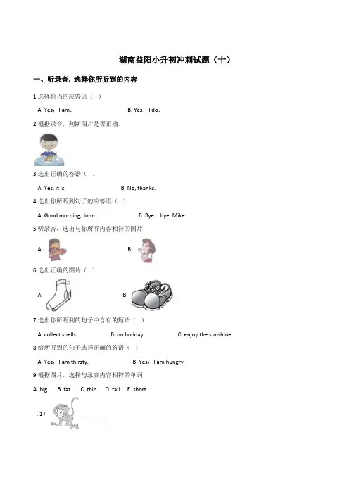 六年级下册英语试题：2019湖南益阳小升初冲刺试卷(十)人教 (PEP)含答案