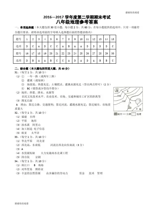 20162017学年度第二学期期末考试八年级地理参考答案.doc