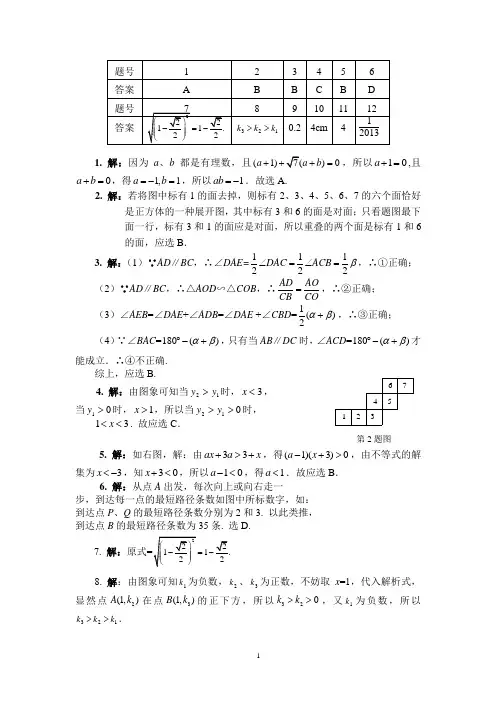 2013年全国初中数学竞赛预赛试题答案及详解