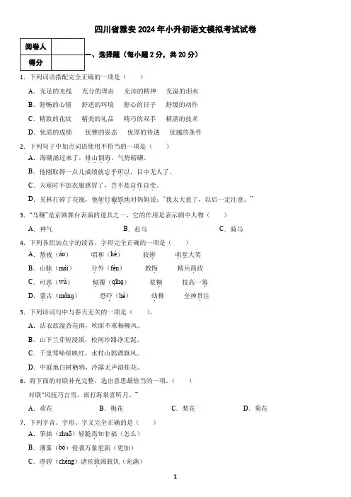 四川省雅安市2024年小升初语文模拟考试试卷(含答案)