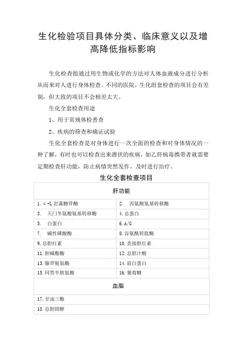 临床生化检验项目具体分类、临床意义以及增高降低指标影响