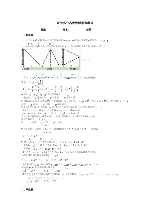 辽宁高一高中数学期末考试带答案解析

