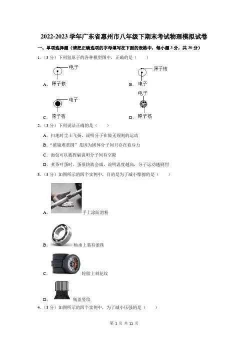 2021-2022学年广东省惠州市八年级下学期期末考试物理模拟试卷