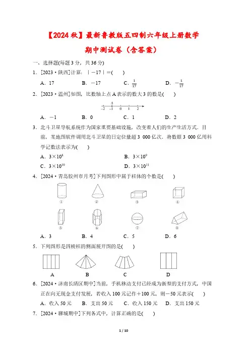 【2024秋】最新鲁教版五四制六年级上册数学期中测试卷(含答案)
