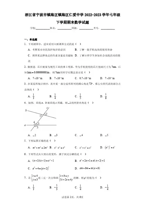 浙江省宁波市镇海区镇海区仁爱中学2022-2023学年七年级下学期期末数学试题(含答案解析)