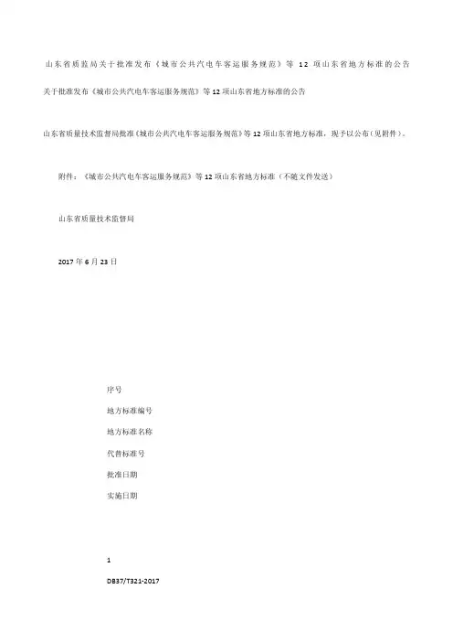 山东省质监局关于批准发布《城市公共汽电车客运服务规范》等2项山东省地方标准的公告