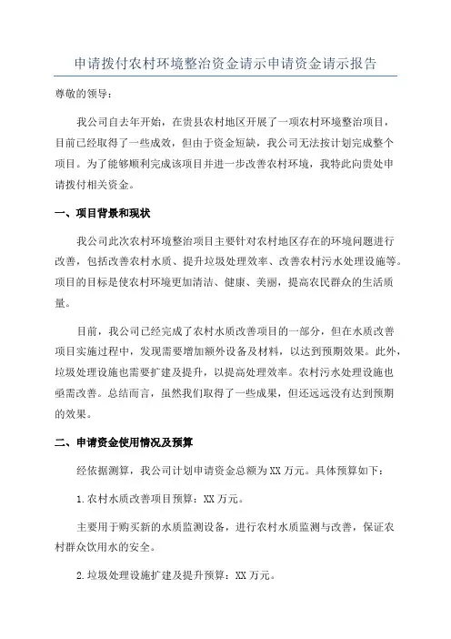 申请拨付农村环境整治资金请示申请资金请示报告