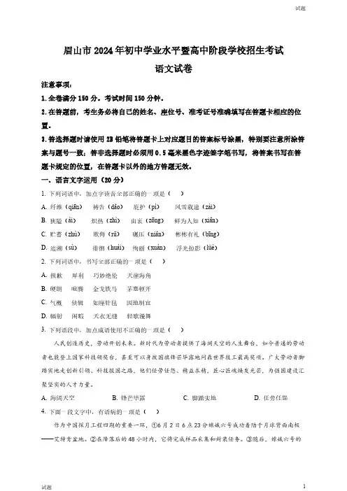 2024年四川省眉山市中考语文真题卷及答案