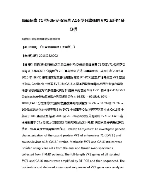 肠道病毒71型和柯萨奇病毒A16型分离株的VP1基因特征分析