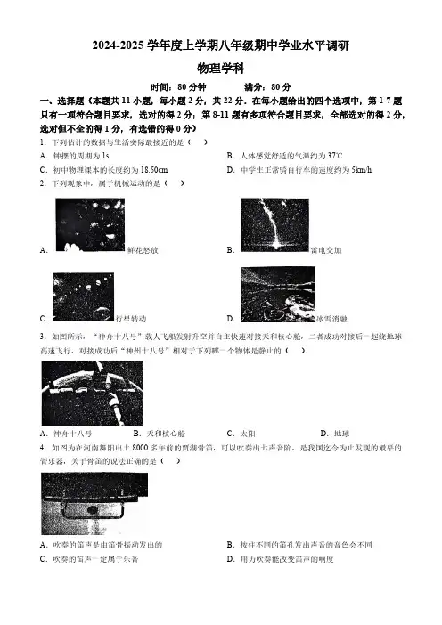 辽宁省沈阳市虹桥初级中学2024-2025学年八年级上学期期中考试物理试卷(含答案)
