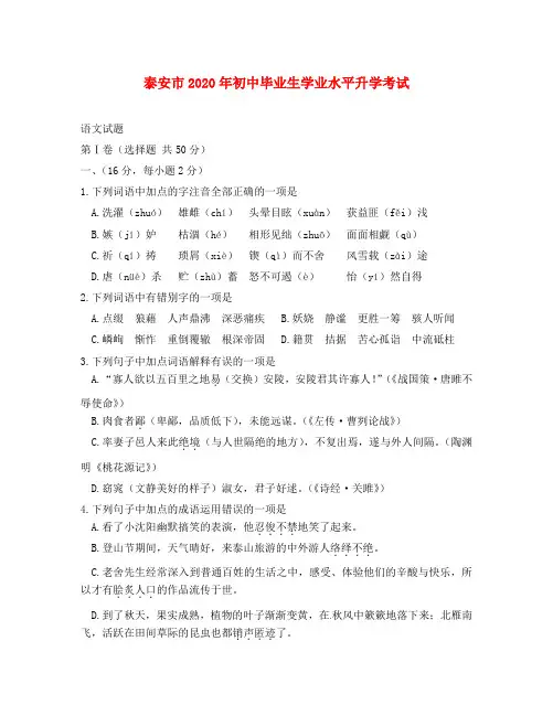 山东省泰安市2020年中考语文真题试卷(扫描答案)