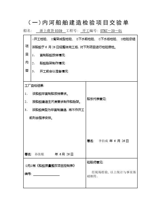内河船舶建造节点检验项目交验单范本