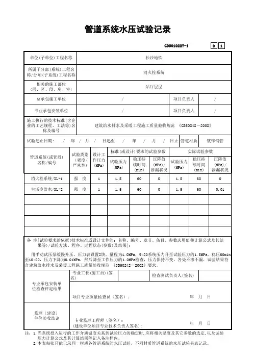 消火栓管道系统水压试验记录