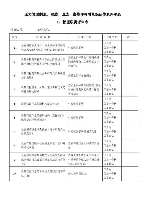 压力管道制造安装许可质量保证体系评审表