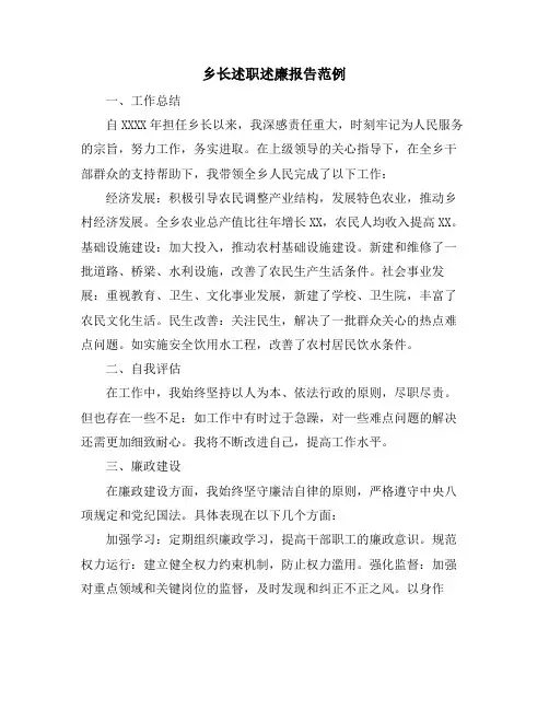乡长述职述廉报告范例
