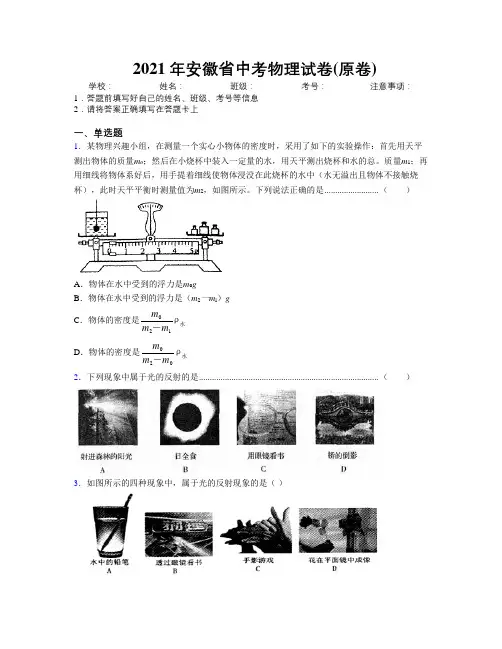 最新2021年安徽省中考物理试卷(原卷)及解析