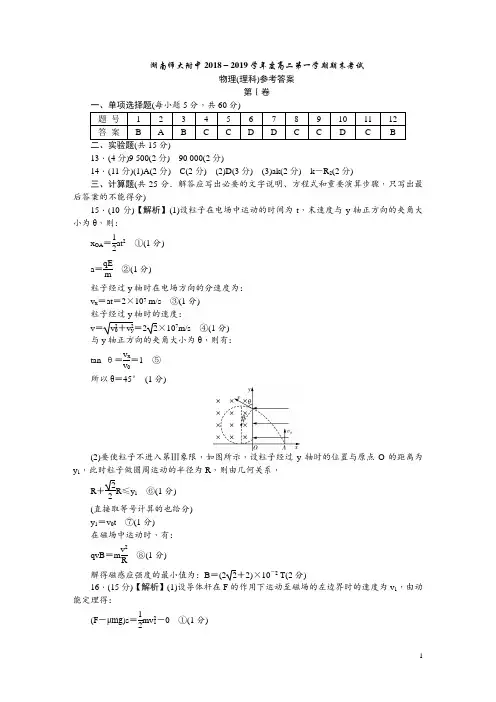 2018-2019学年湖南师范大学附属中学高二上学期期末考试  物理(理)答案