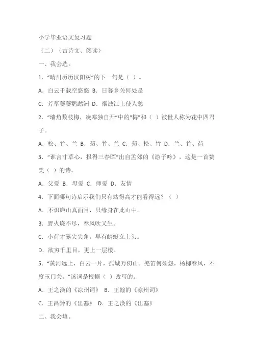 部编版语文2021-2022学年六年级下册古诗文和阅读专题(含答案)
