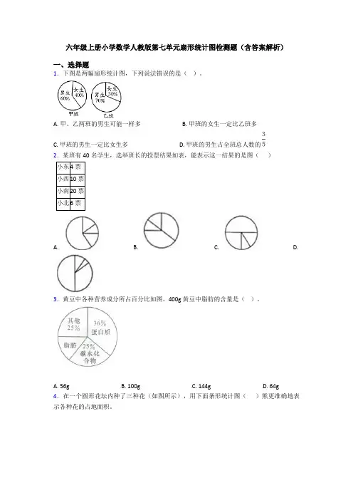 六年级上册小学数学人教版第七单元扇形统计图检测题(含答案解析)