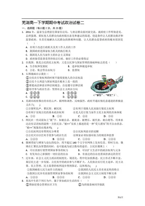 芜湖高一下学期期中考试政治试卷二