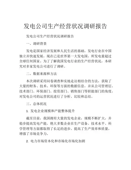 发电公司生产经营状况调研报告