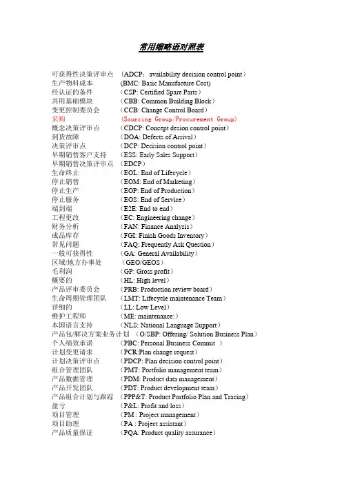 IPD常用缩略语对照表