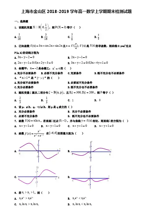 上海市金山区2018-2019学年高一数学上学期期末检测试题