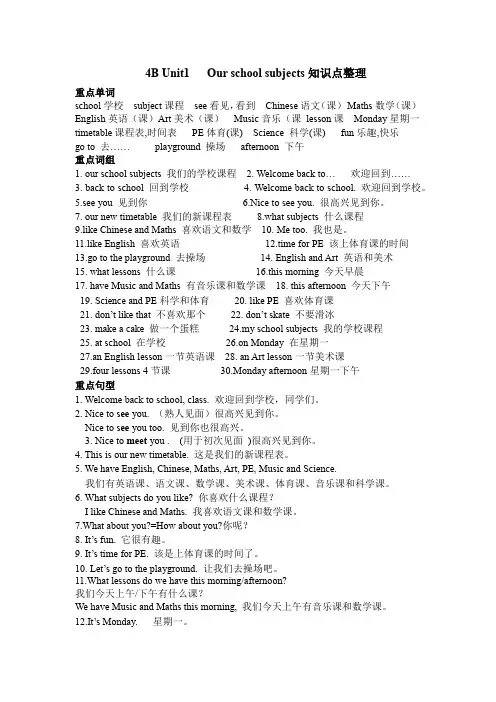 [译林版]4B Unit1 Our school subjects知识点整理