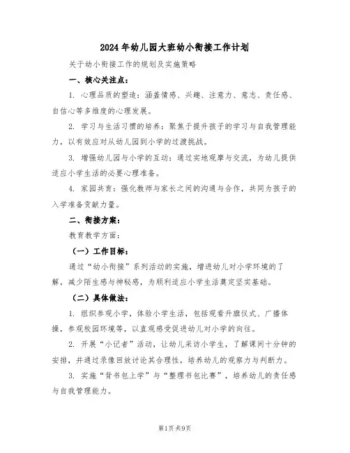 2024年幼儿园大班幼小衔接工作计划（4篇）