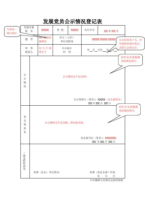 发展党员公示情况登记表(模板)