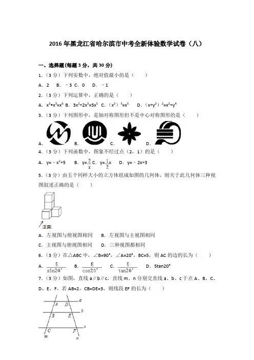 【真卷】2016年黑龙江省哈尔滨市中考全新体验数学试卷及解析PDF(八)