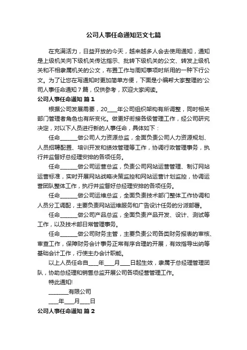公司人事任命通知范文七篇