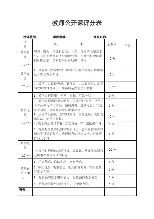 幼儿园教师公开课评分表