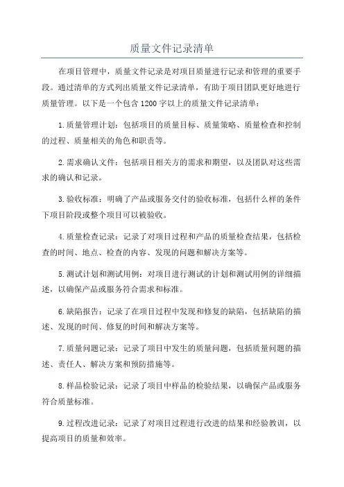 质量文件记录清单