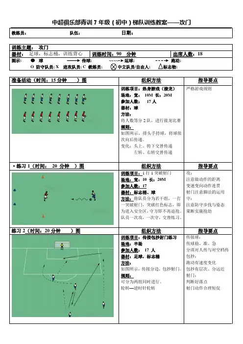 中超俱乐部青训7年级(初中)梯队训练教案——攻门