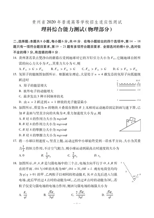 贵州省2020年普通中学适应性考试物理试题