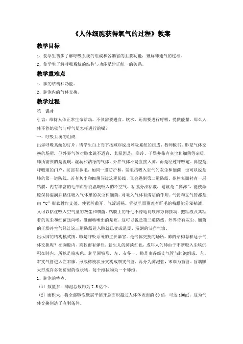北师大版七年级生物下册 人体细胞获得氧气的过程教案