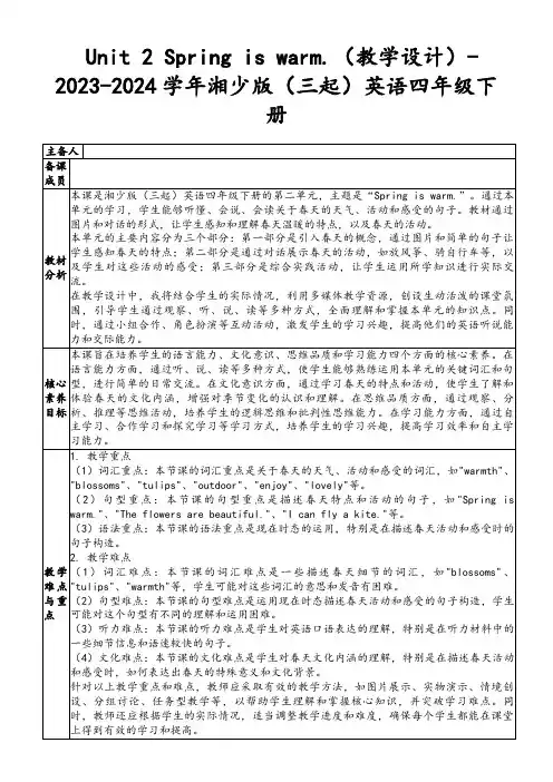 Unit2Springiswarm.(教学设计)-2023-2024学年湘少版(三起)英语四年级下册