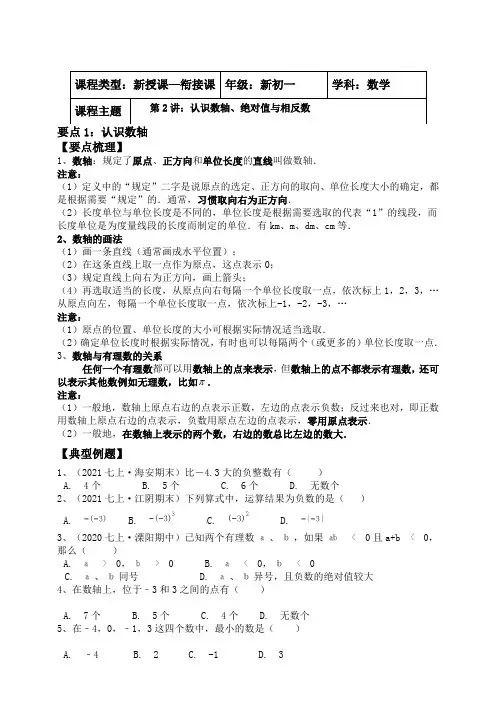【衔接课精选讲义】新初一第2讲 认识数轴、绝对值与相反数(苏科版【含答案】)