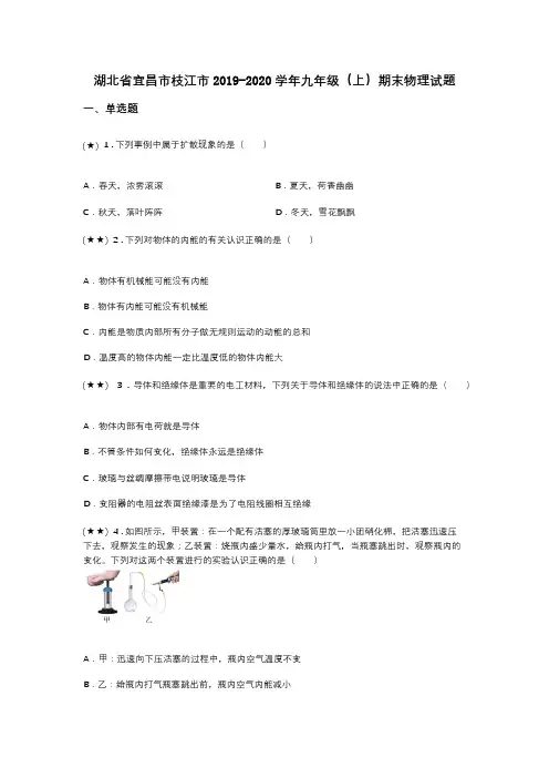 湖北省宜昌市枝江市2019-2020学年九年级(上)期末物理试题(word无答案)