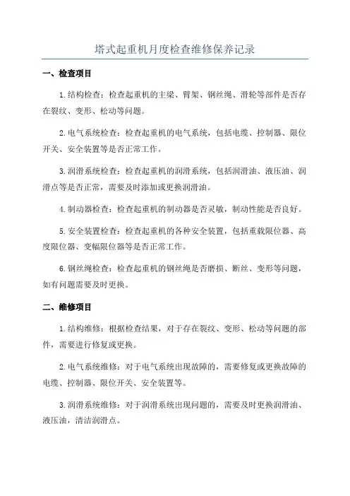 塔式起重机月度检查维修保养记录