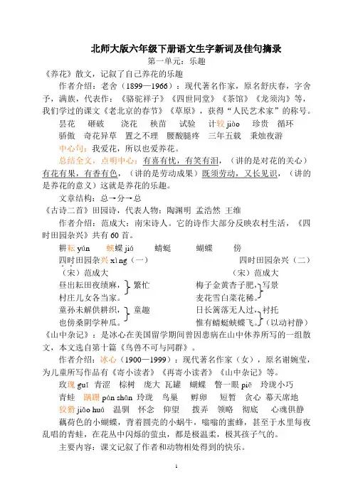 北师大版六年级下册语文生字新词及佳句要点摘录