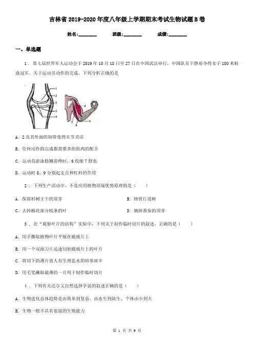 吉林省2019-2020年度八年级上学期期末考试生物试题B卷