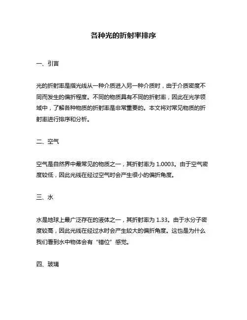 各种光的折射率排序
