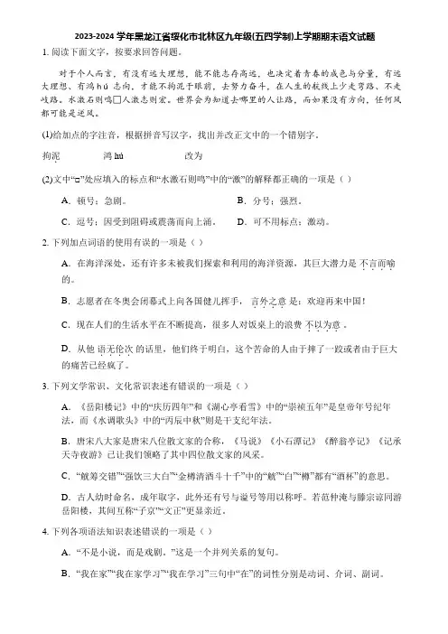 2023-2024学年黑龙江省绥化市北林区九年级(五四学制)上学期期末语文试题
