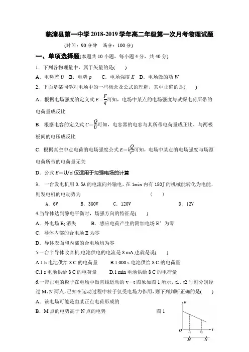2018-2019河北省临漳县高二物理试题 Word版