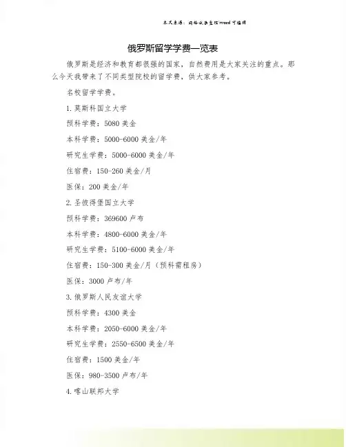 俄罗斯留学学费一览表.doc